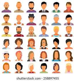 Set of people icons in flat style with faces. Vector women, men character