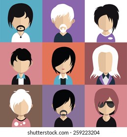 Set of people icons in flat style with faces. Vector women, men character
