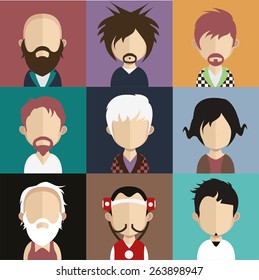 Set of people icons in flat style with faces. Vector women, men character