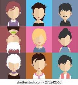 Set of people icons in flat style with faces. Vector women, men character