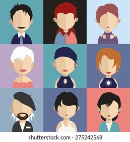 Set of people icons in flat style with faces. Vector women, men character
