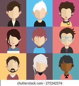 Set of people icons in flat style with faces. Vector women, men character