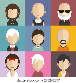 Set of people icons in flat style with faces. Vector women, men character