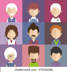 Set of people icons in flat style with faces. Vector women, men character