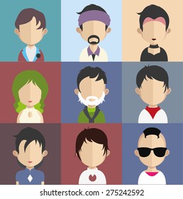 Set of people icons in flat style with faces. Vector women, men character