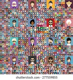 Set of people icons in flat style with faces. Vector women, men character