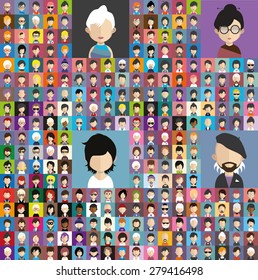 Set of people icons in flat style with faces. Vector women, men character