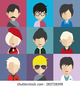 Set of people icons in flat style with faces. Vector women, men character