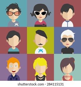 Set of people icons in flat style with faces. Vector women, men character