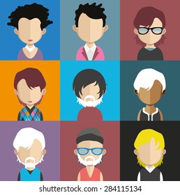 Set of people icons in flat style with faces. Vector women, men character