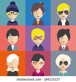 Set of people icons in flat style with faces. Vector women, men character