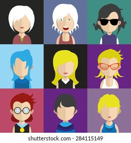 Set of people icons in flat style with faces. Vector women, men character