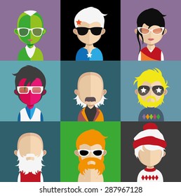 Set of people icons in flat style with faces. Vector women, men character