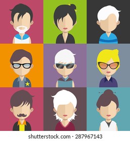 Set of people icons in flat style with faces. Vector women, men character