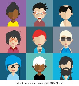 Set of people icons in flat style with faces. Vector women, men character