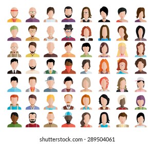 Set of people icons in flat style with faces. Vector women, men character