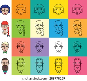 Set of people icons in flat style with faces