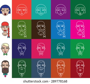 Set of people icons in flat style with faces