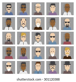 Set of people icons in flat style with faces. Vector  men character