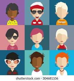 Set of people icons in flat style with faces. Vector women, men character