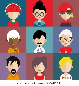Set of people icons in flat style with faces. Vector women, men character