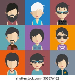 Set of people icons in flat style with faces. Vector women, men character