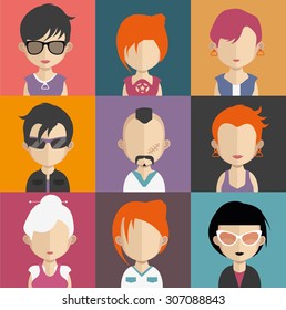 Set of people icons in flat style with faces. Vector women, men character