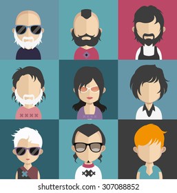 Set of people icons in flat style with faces. Vector women, men character