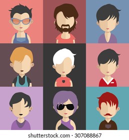 Set of people icons in flat style with faces. Vector women, men character