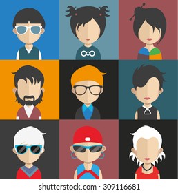 Set of people icons in flat style with faces. Vector women, men character