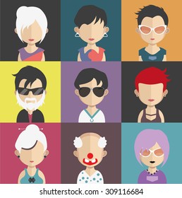 Set of people icons in flat style with faces. Vector women, men character