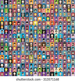 Set of people icons in flat style with faces. Vector women, men character