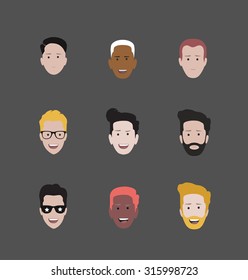 Set of people icons in flat style with faces. Vector women, men character