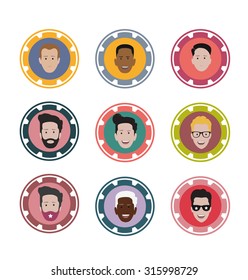 Set of people icons in flat style with faces. Vector women, men character
