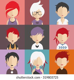 Set of people icons in flat style with faces. Vector women, men character