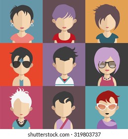 Set of people icons in flat style with faces. Vector women, men character