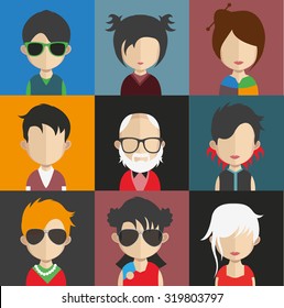 Set of people icons in flat style with faces. Vector women, men character