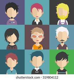 Set of people icons in flat style with faces. Vector women, men character