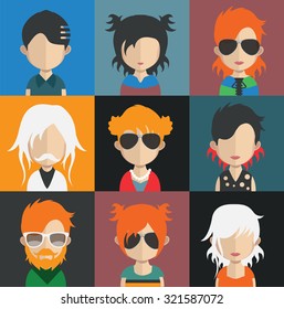 Set of people icons in flat style with faces. Vector women, men character