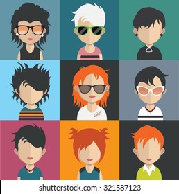 Set of people icons in flat style with faces. Vector women, men character