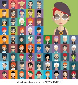 Set of people icons in flat style with faces. Vector women, men character Set 23 a
