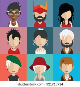 Set of people icons in flat style with faces. Vector women, men character Set 23 a