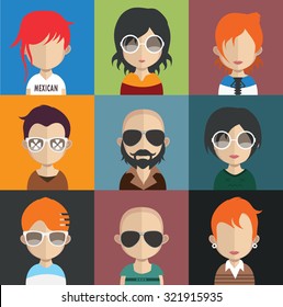 Set of people icons in flat style with faces. Vector women, men character Set 23 a