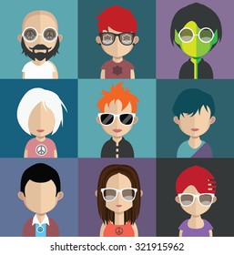 Set of people icons in flat style with faces. Vector women, men character Set 23 a