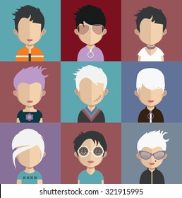 Set of people icons in flat style with faces. Vector women, men character Set 23 a