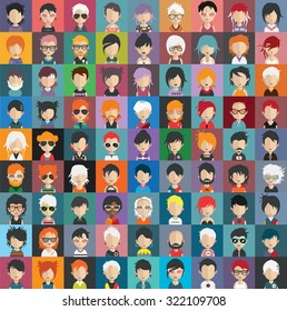 Set of people icons in flat style with faces. Vector women, men character Set 22 a