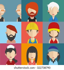 Set of people icons in flat style with faces. Vector women, men character Set 24 a