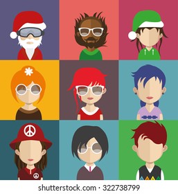 Set of people icons in flat style with faces. Vector women, men character Set 24 a