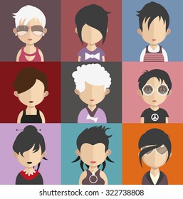 Set of people icons in flat style with faces. Vector women, men character Set 24 a