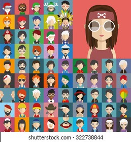 Set of people icons in flat style with faces. Vector women, men character Set 24 a